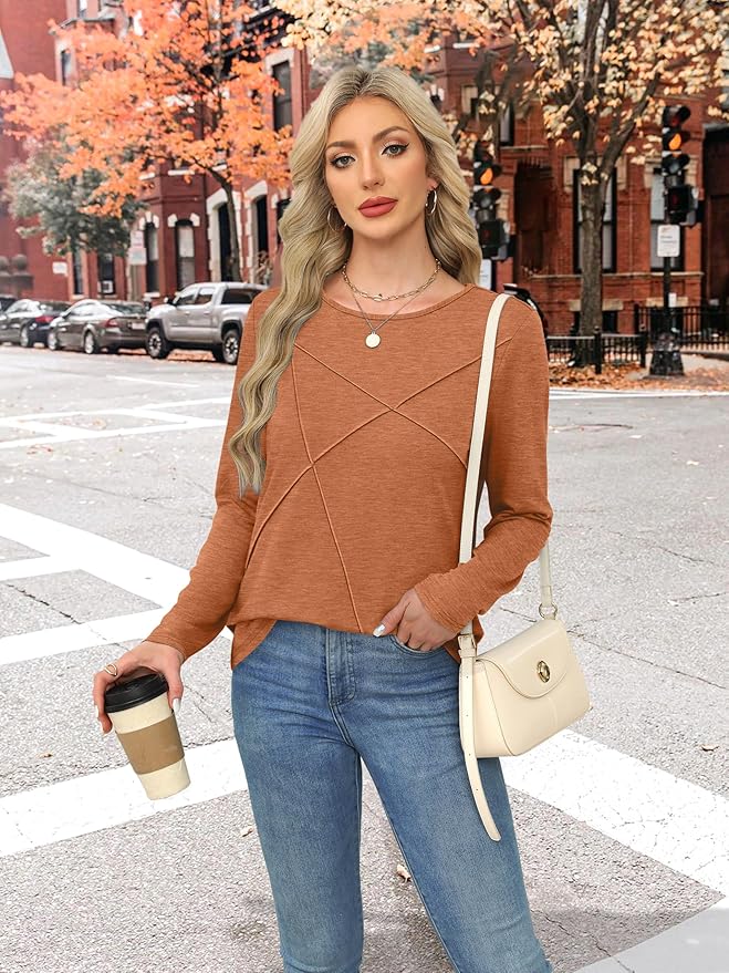 XIEERDUO Long Sleeve Shirts for Women Business Casual Tops Trendy Crewneck Fall T Shirts Pleated Loose Fit