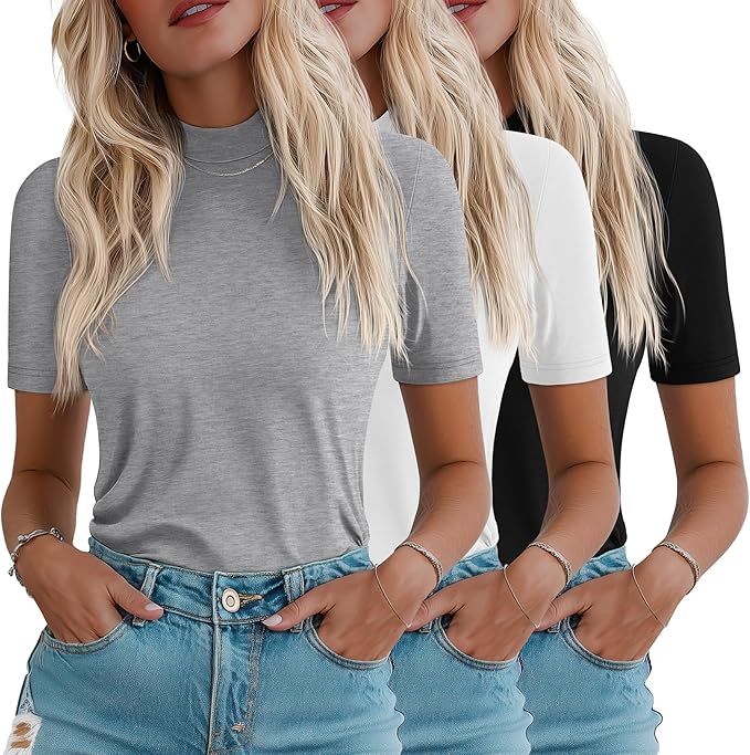 Ficerd 3 Pack Women's 1/2 Sleeve Mock Turtleneck Shirts, Elbow Length Shirt Half Sleeve Tunic Top Casual Summer Basic Tees