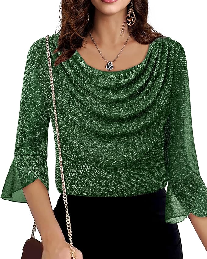 Lotusmile Blouses for Women Dressy Casual 3/4 Sleeve Cowl Neck Sparkly Tops Cocktail Shirts for Evening Party