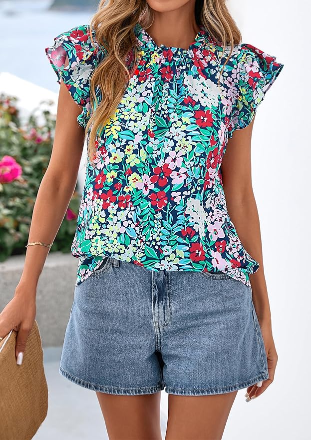 PRETTYGARDEN Women's Ruffle Short Sleeve Summer Tops 2026 Trendy Floral Trim Neck Casual Dressy Chiffon Boho Blouses Shirts