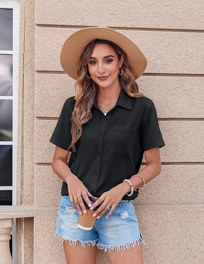 Zeagoo Womens Button Down Shirt Bust Pocket Short Sleeve Blouses Business Casual Work Tops Summer Outfits