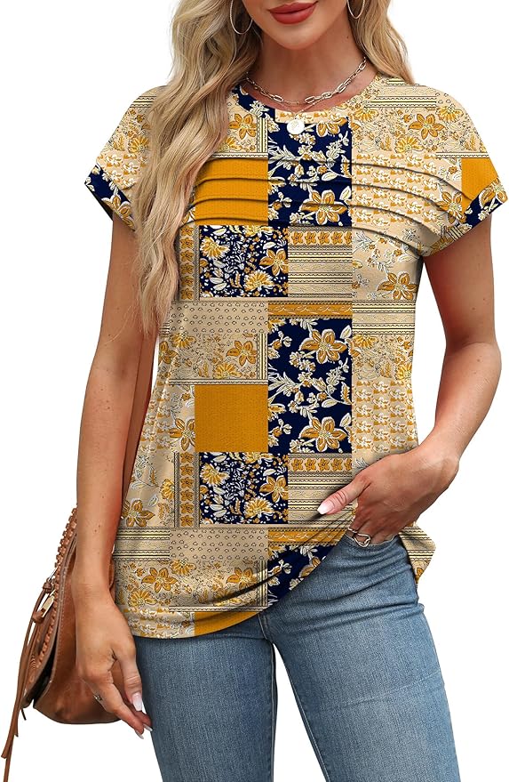 WEESO Womens Summer Tops Trendy 2026 Cap Sleeve T Shirts Crew Neck Pleated Front Beach Vacation Clothes Fashion