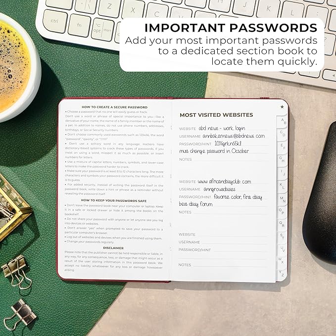 Clever Fox Password Book 2nd Edition Small – Pocket Password Keeper with Alphabetical Tabs – Internet Address Notebook & Login Details Organizer Journal – 3.5x5.6” (Wine Red)