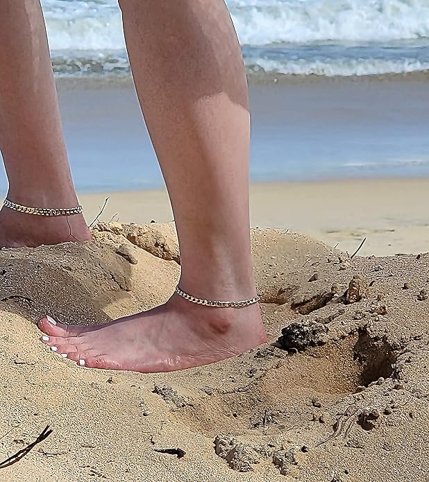 BA UNIQUE FASHION Gold Electroplated Anklet for Women, 9-12 Inch Sizes, Figaro, Cuban, Mariner, Herringbone Design - Made in Korea