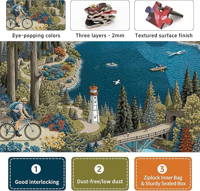 Naturelish 1000-Piece Jigsaw Puzzle for Adults, Oregon Landmarks Scene with Waterfall, Lighthouse, Forest Trail, Challenging & Vibrant Artwork, 22.5 x 22.5 in
