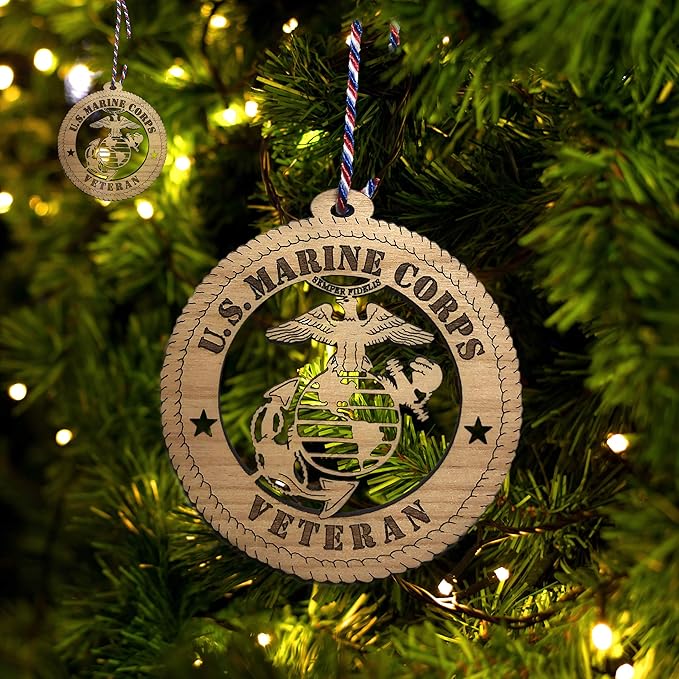 Jolette Designs Marine Corps Gifts - Licensed USMC Christmas Ornament for Veterans - Wooden Hanging United States Marine Corps Decorations - Marine Corps Decor for Dad, Mom - Veteran Xmas Ornaments