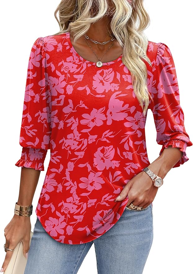 XIEERDUO Blouses for Women Dressy Casual 3/4 Length Sleeve Womens Tops with Smocked Cuffs