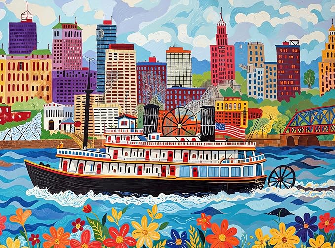 Cross & Glory – Jigsaw Puzzle for Adults 1000 Piece | Queen City Paddle Wheel Adventure | Whimsical Art Style | Vibrant Design | Satin Finish | 20x27 Inches