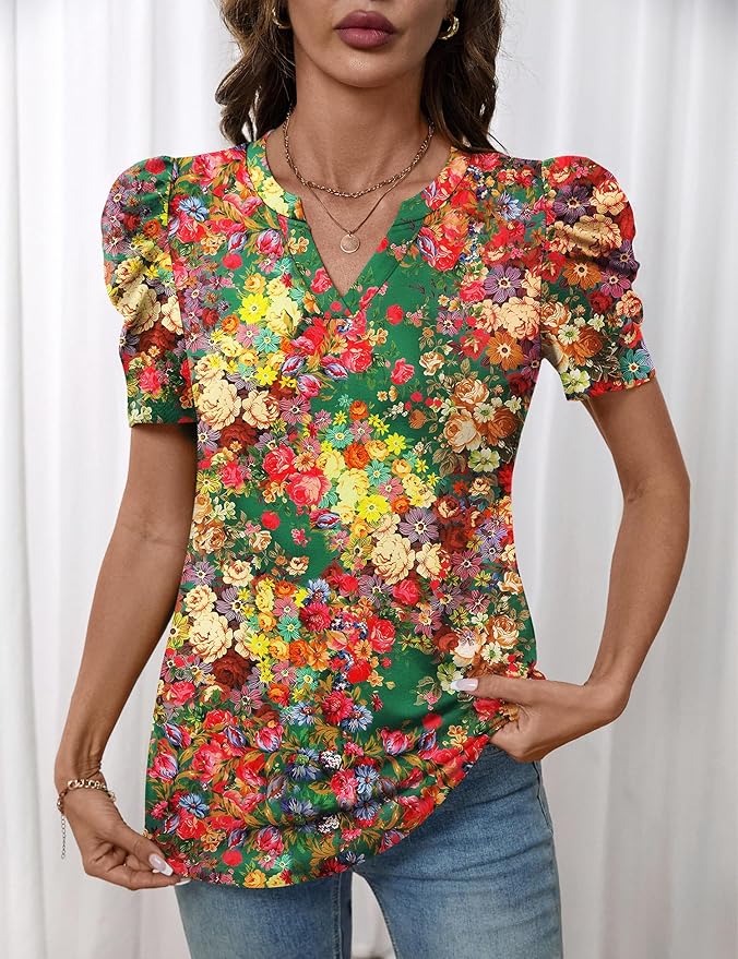 Lomon Spring Summer Tops for Women 2026 V Neck Puff Short Sleeve Tops Fashion Trendy Work Blouses Dressy Casual S-XXL
