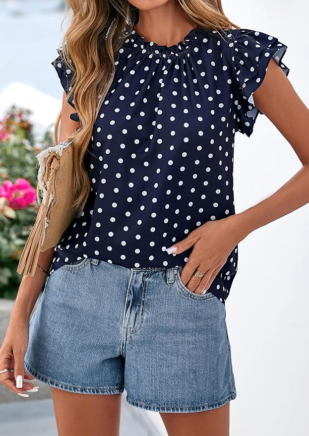 PRETTYGARDEN Women's Ruffle Short Sleeve Summer Tops 2026 Trendy Floral Trim Neck Casual Dressy Chiffon Boho Blouses Shirts