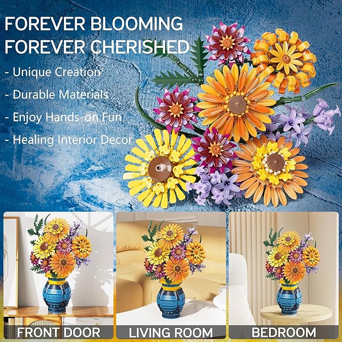 Sunflower Bouquet Building Blocks w/ Vase Set, 1065 PCS Botanical Collection Valentine Birthday Gifts for Adult Women Her Him Mom Teenage, Artificial Flower Home Decor Stocking Stuffers for Teen Girls