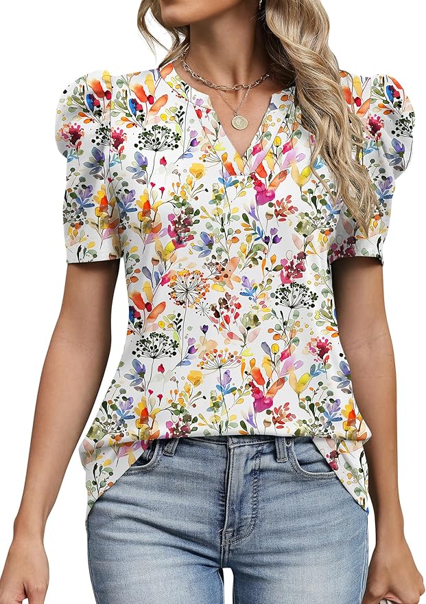 Lomon Spring Summer Tops for Women 2026 V Neck Puff Short Sleeve Tops Fashion Trendy Work Blouses Dressy Casual S-XXL