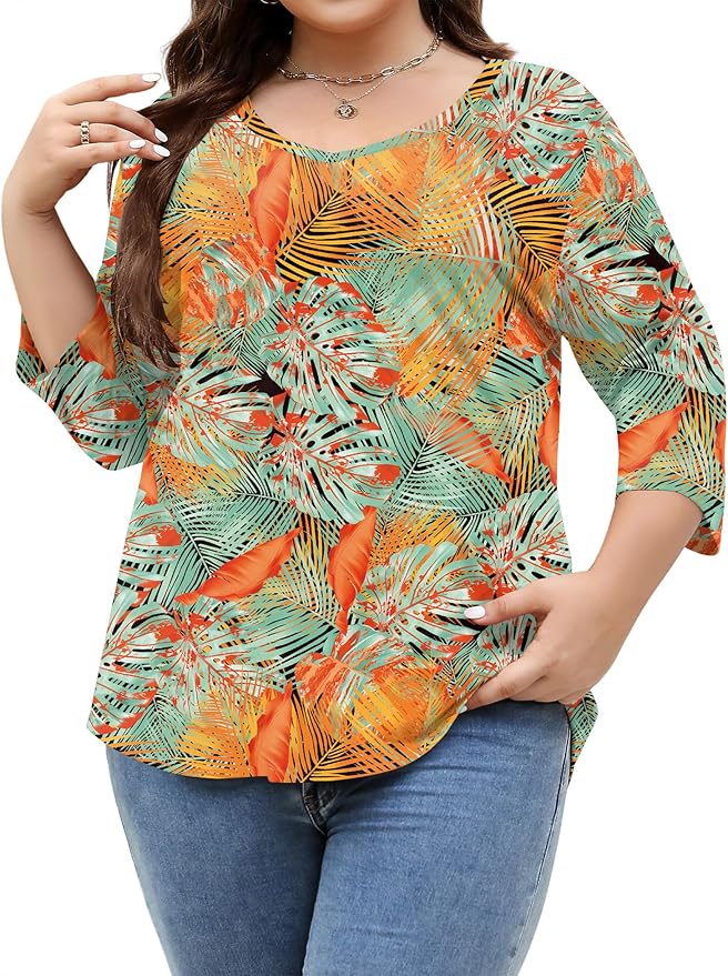 TFSDOD Womens Plus Size Tops V Neck T Shirts 3/4 Sleeve Blouse Summer Casual Tees XL-5X