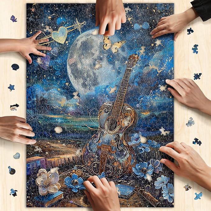 Naturelish Guitar Moon Night Jigsaw Puzzles for Adults 1000 Pieces, Murder Mystery, Unique Brain Challenging Shaped Puzzle for Game Night, Family, Friends, Size 26.6x19.2