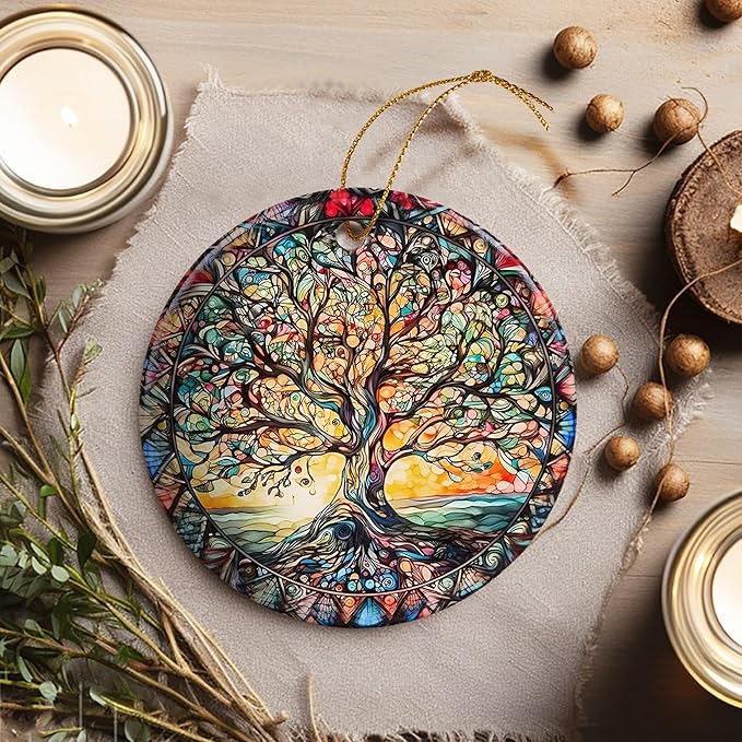 Stained Ceramic Tree of Life Ornament - Christmas Decorations for Office, Room, Home - Holiday Present Ideas
