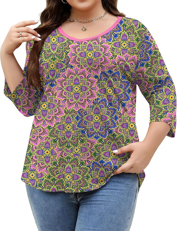 TFSDOD Womens Plus Size Tops V Neck T Shirts 3/4 Sleeve Blouse Summer Casual Tees XL-5X