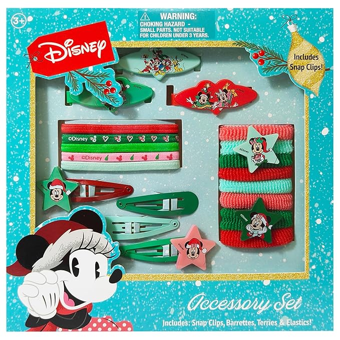 Luv Her Disney Girls' Hair Accessories Set - 20 Pack Featuring Mickey & Minnie Christmas themed - Includes 3 Barrettes, 4 Snap Clips, 5 Elastics, 8 Terry Ponies - Everyday Wear, Ages 3+