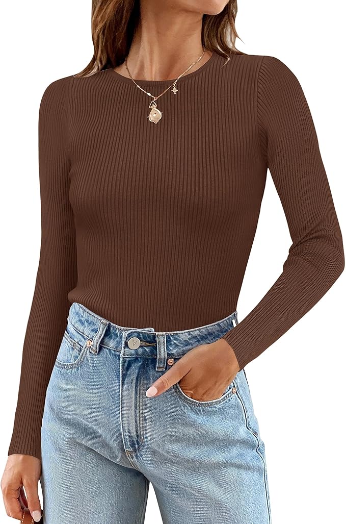 ZESICA Women's Long Sleeve Crewneck Shirts 2026 Fall Ribbed Knit Sweater Slim Fitted Casual Basic Tee Tops