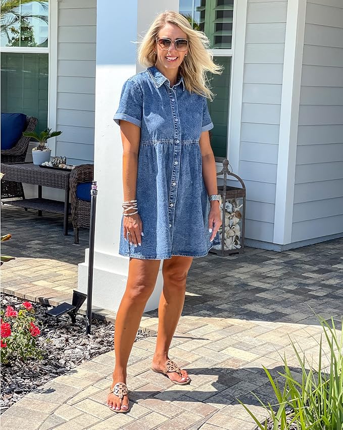 LookbookStore Women's Short Sleeve Button Down Flowy Tiered Babydoll Denim Dress