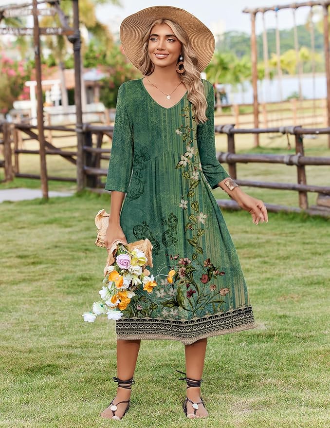 ZEAGOO 3/4 Sleeve Women's Dress Casual Flowy A-Line Midi Tshirt Dresses with Pocket Empire Waist Summer Boho Beach Sundress