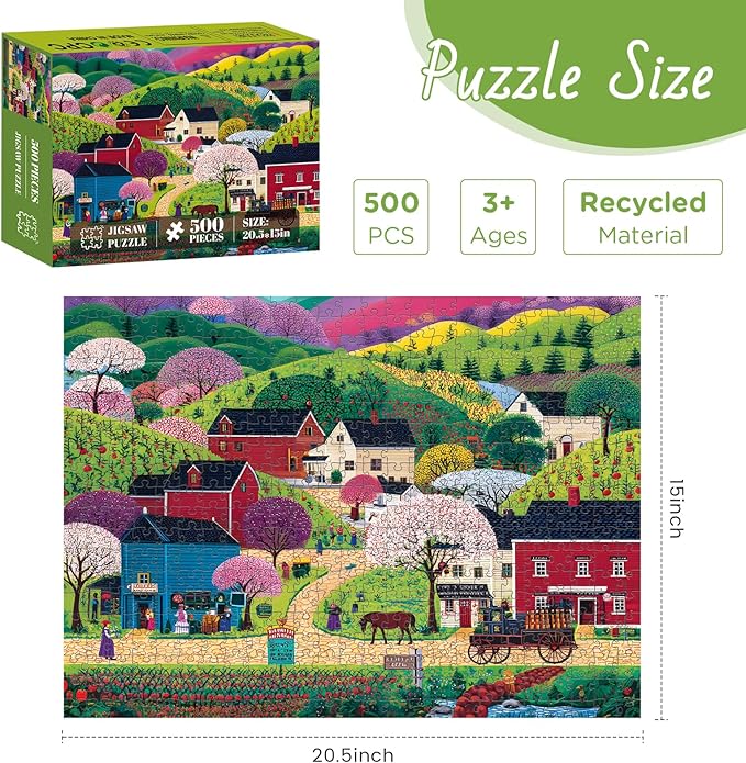 500 Piece Puzzle for Adults, Countryside Scenery Jigsaw Puzzle, Mountain Village Jigsaw Puzzles 500 Pieces, Challenging Activity Great Gift Idea for Family Friends Difficult Puzzles Size 20.5 x 15 in