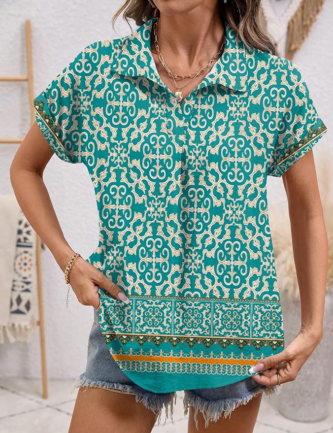 LOMON Women Blouses Spring Summer Tops for Women 2026 Short Sleeve V Neck Dressy Casual Collared Shirts Work Office