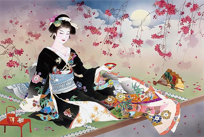 Funnybox Black Kimono Beauty Paintings by Haruyo Morita- Wooden Jigsaw Puzzles 1000 Piece for Teens and Family