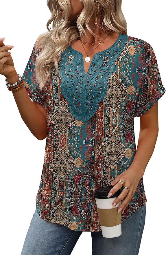 Sipaya Womens Blouses Dressy Casual Summer Shirts Short Sleeve Lace Front Boho Tunic Tops for Leggings Fashion Clothes