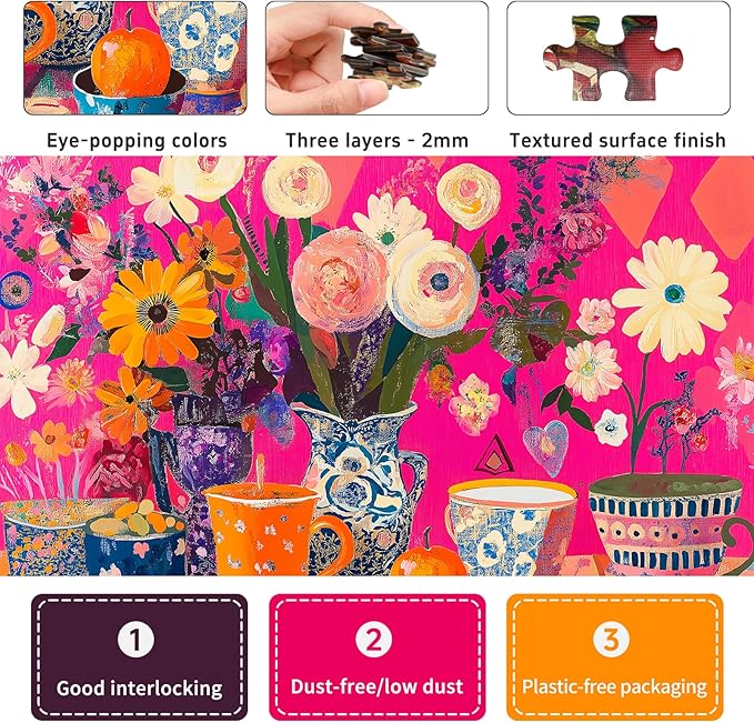 Naturelish Puzzles for Adults 1000 Pieces - Flowers Art: Difficult Challenging Unique Jigsaw Puzzle for Adults, Gift for Women, 6-Color-Zone on Back Puzzles