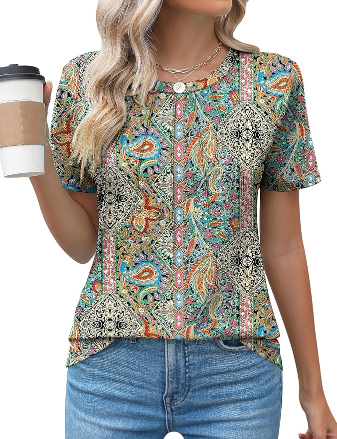 Kistore Womens Casual Crew Neck Short Sleeve Pleated Tops Blouses Fashion Clothes 2026