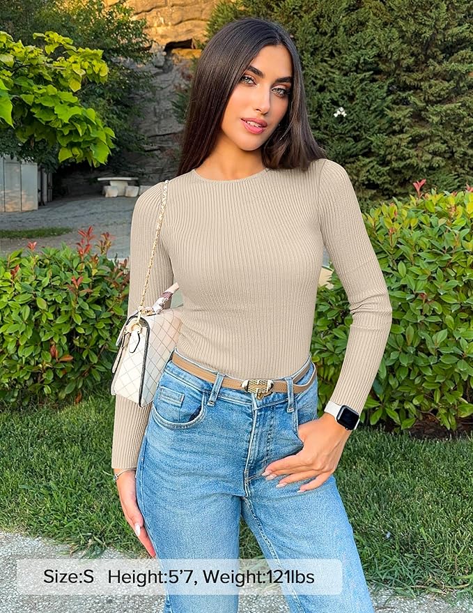 ZESICA Women's Long Sleeve Crewneck Shirts 2026 Fall Ribbed Knit Sweater Slim Fitted Casual Basic Tee Tops