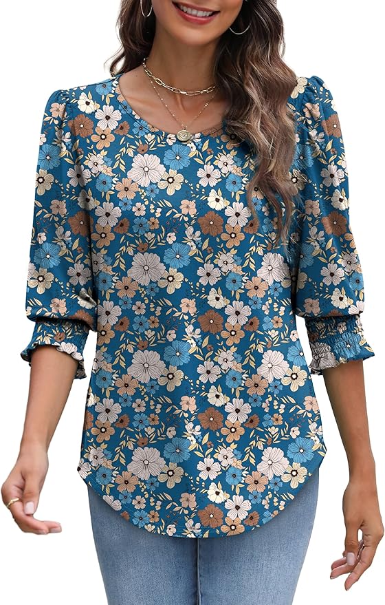 XIEERDUO Blouses for Women Dressy Casual 3/4 Length Sleeve Womens Tops with Smocked Cuffs