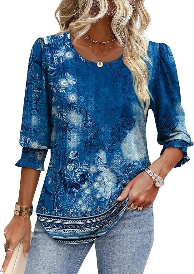 XIEERDUO Blouses for Women Dressy Casual 3/4 Length Sleeve Womens Tops with Smocked Cuffs