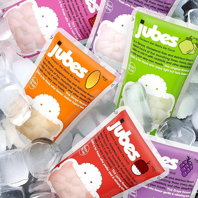 Jubes Strawberry Nata De Coco Jelly Cubes, 12.7 oz - Strawberry Coconut Jelly Cubes for Sago - Coconut Gel in Syrup Toppings for Fruit Tea, Boba, Bubble Tea, Drinks, Desserts Yogurt, Ice Cream, Beverage