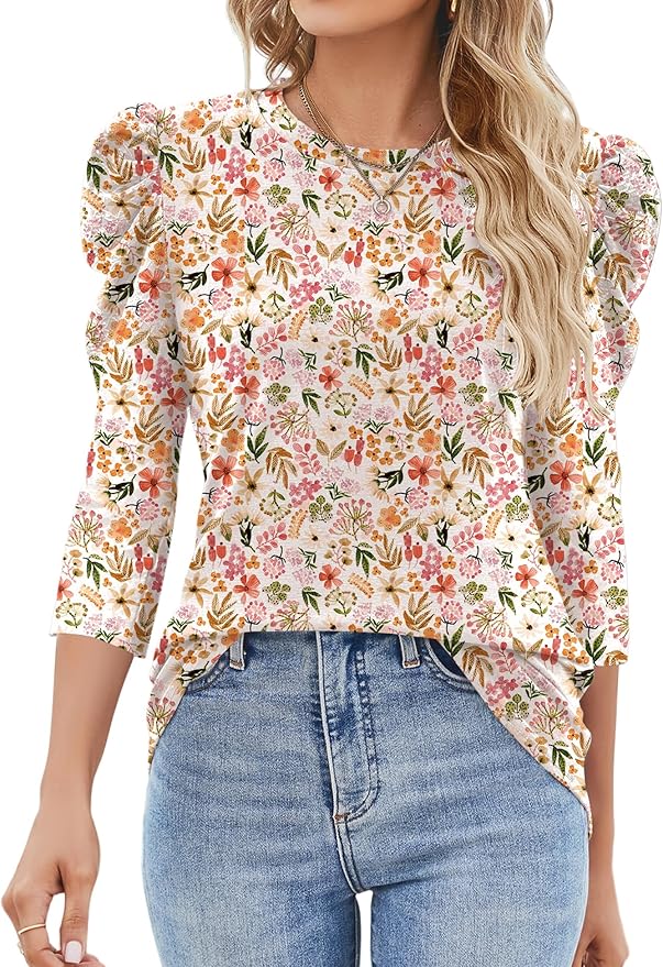 Ivicoer 3/4 Length Sleeve Womens Tops Summer Spring Tops for Women 2025 Puff Lace Sleeve Shirts Blouses