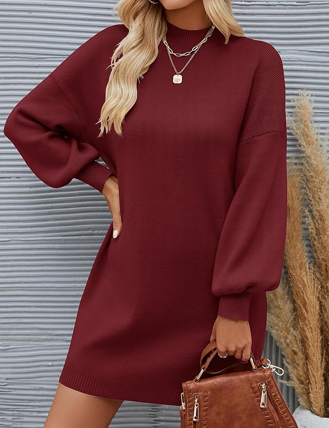 ZESICA Women's 2026 Fall Turtleneck Sweater Dress Oversized Long Lantern Sleeve Casual Knit Pullover Mini Dresses