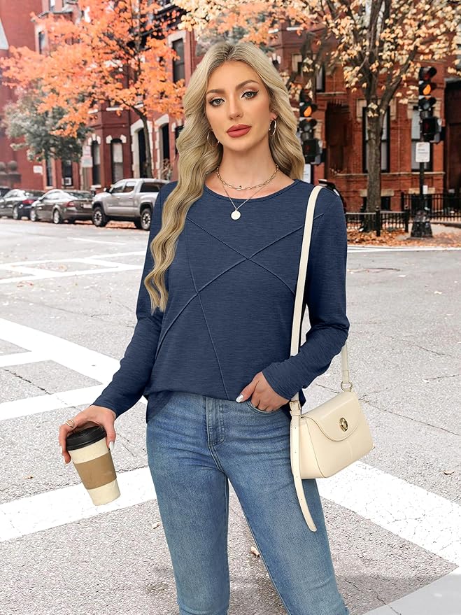 XIEERDUO Long Sleeve Shirts for Women Business Casual Tops Trendy Crewneck Fall T Shirts Pleated Loose Fit