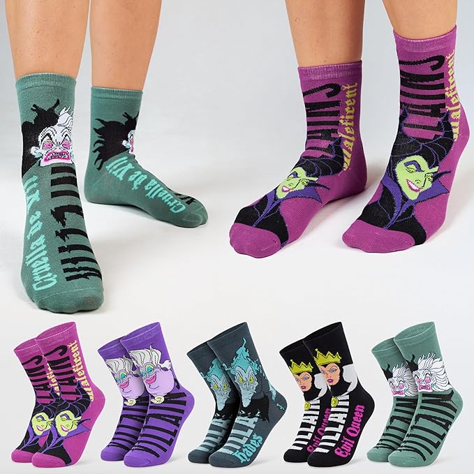 Disney Socks for Women, Teens, 5 Pack Soft Breathable Crew Character Socks for Lounging, Daily Wear, Funny Gifts for Women