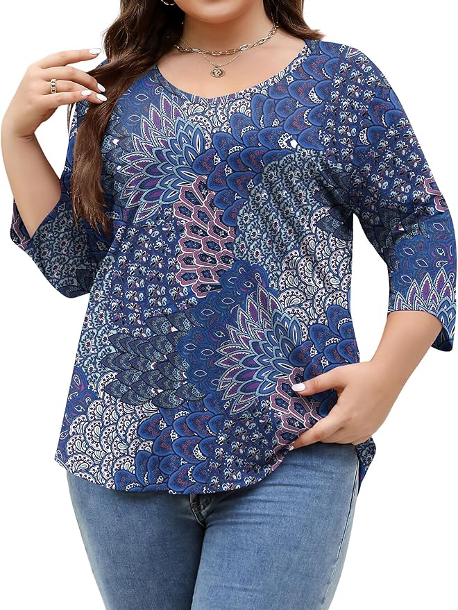 TFSDOD Womens Plus Size Tops V Neck T Shirts 3/4 Sleeve Blouse Summer Casual Tees XL-5X