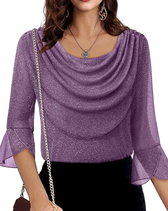 Lotusmile Blouses for Women Dressy Casual 3/4 Sleeve Cowl Neck Sparkly Tops Cocktail Shirts for Evening Party