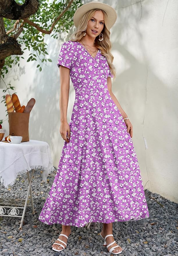 AUSELILY Maxi Dresses for Women Ankle Length Floral Print Beach Long Flowy Dress with Pockets