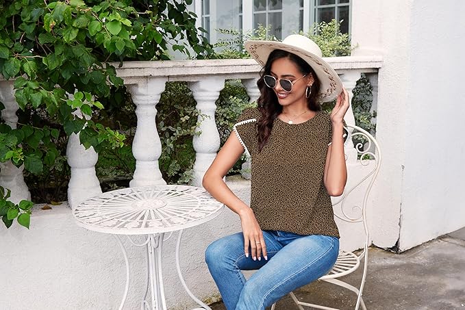 TASAMO Women's Casual Round Neck Basic Pleated Top Cap Sleeve Curved Keyhole Back Chiffon Blouse