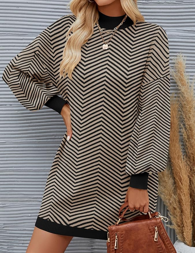ZESICA Women's 2026 Fall Turtleneck Sweater Dress Oversized Long Lantern Sleeve Casual Knit Pullover Mini Dresses