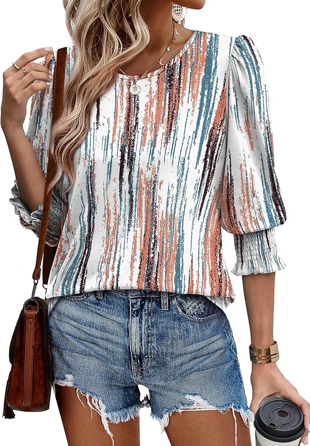 XIEERDUO Blouses for Women Dressy Casual 3/4 Length Sleeve Womens Tops with Smocked Cuffs