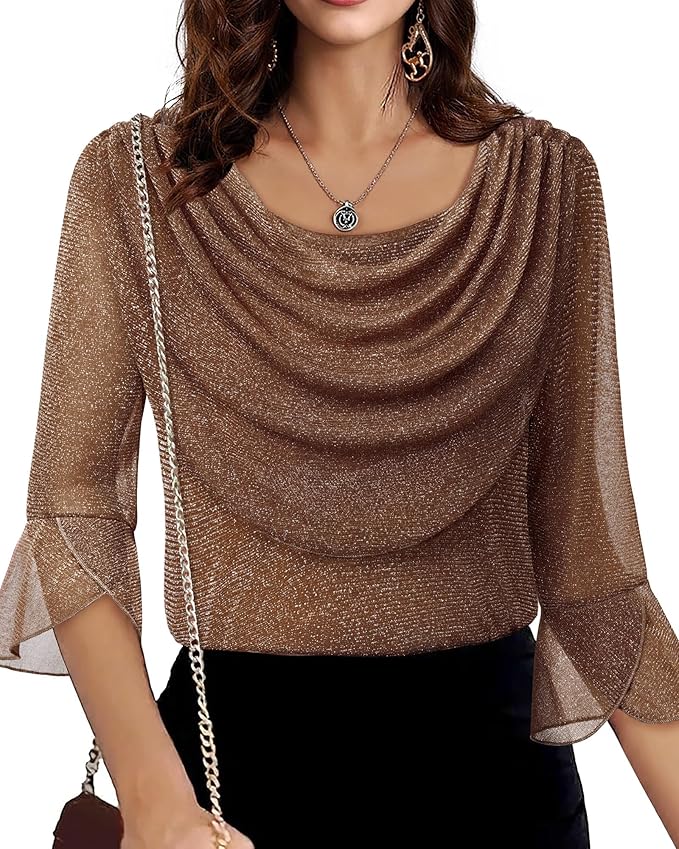 Lotusmile Blouses for Women Dressy Casual 3/4 Sleeve Cowl Neck Sparkly Tops Cocktail Shirts for Evening Party