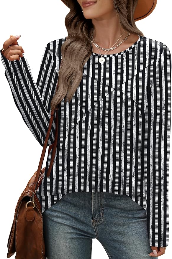 XIEERDUO Long Sleeve Shirts for Women Business Casual Tops Trendy Crewneck Fall T Shirts Pleated Loose Fit