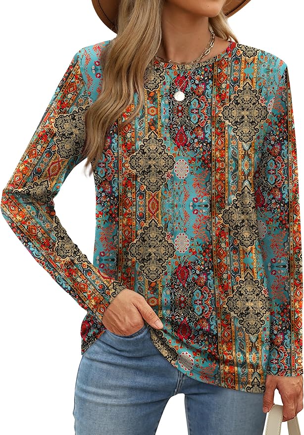 XIEERDUO Long Sleeve Shirts for Women Casual Crew Neck Basic Fall Tops Loose Fit Comfy