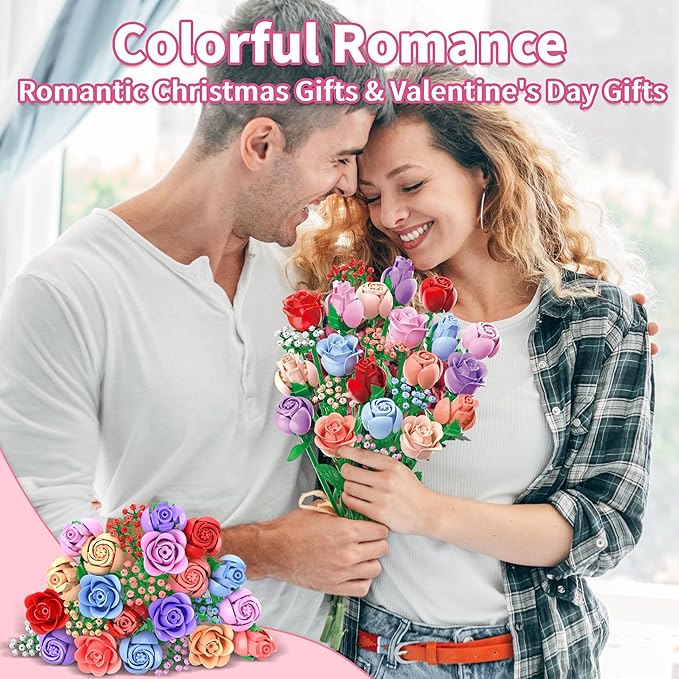 Sopu Colorful Rose Bouquet Flowers Building Set, 24 Boxes 1380Pcs Artificial Flowers Botanical Collection Flowers for Adults Valentines Day Gifts for Her Women Wife Girlfriend Mom