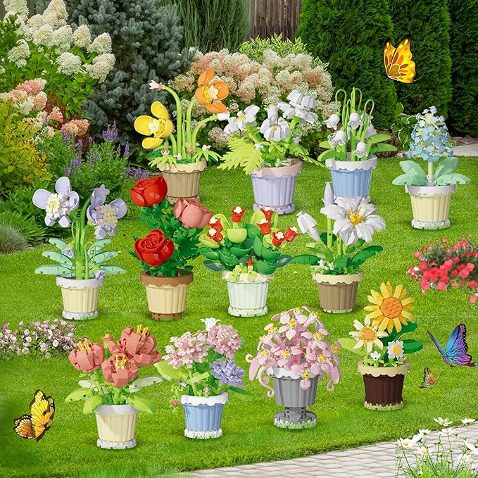 PQKIE 12 Pcs Flowers Bouquet Building Set,2531 Pcs Flower Botanical Collection Building Block Toy,Micro Plant for Home or Office Decor, Mother's Day Valentine Christmas Birthday Gifts for Adults,Girls