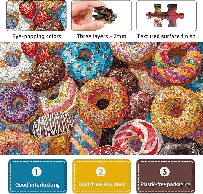 Naturelish Donut Puzzles for Adults 1000 Pieces, 6 Colors on Back Jigsaw Puzzles, Pieces Fit Together Perfectly, Puzzle Size 26.6x19.2 in